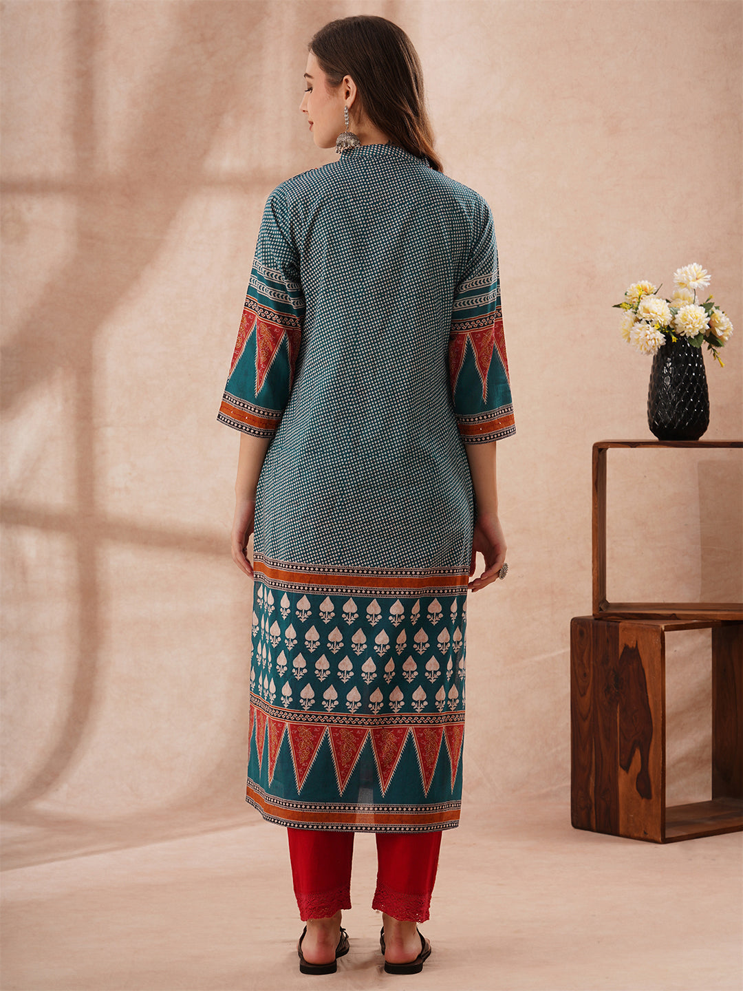 Ethnic Floral Printed Embroidered Straight Fit Kurta - Teal Blue