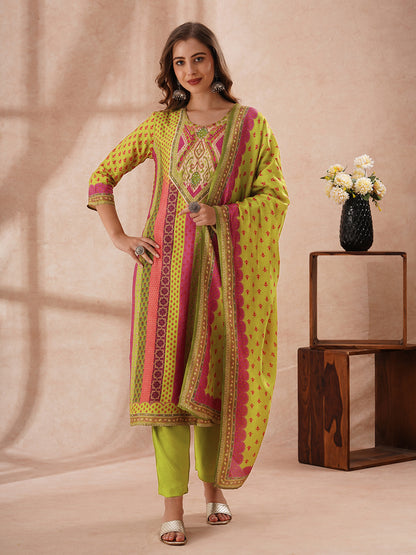 Ethnic Floral Printed Embroidered Straight Fit Kurta with Pant and Dupatta - Multi