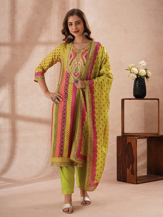 Ethnic Floral Printed Embroidered Straight Fit Kurta with Pant and Dupatta - Multi