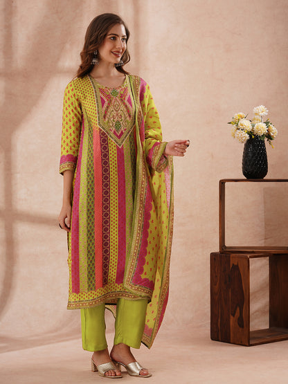 Ethnic Floral Printed Embroidered Straight Fit Kurta with Pant and Dupatta - Multi