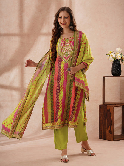 Ethnic Floral Printed Embroidered Straight Fit Kurta with Pant and Dupatta - Multi