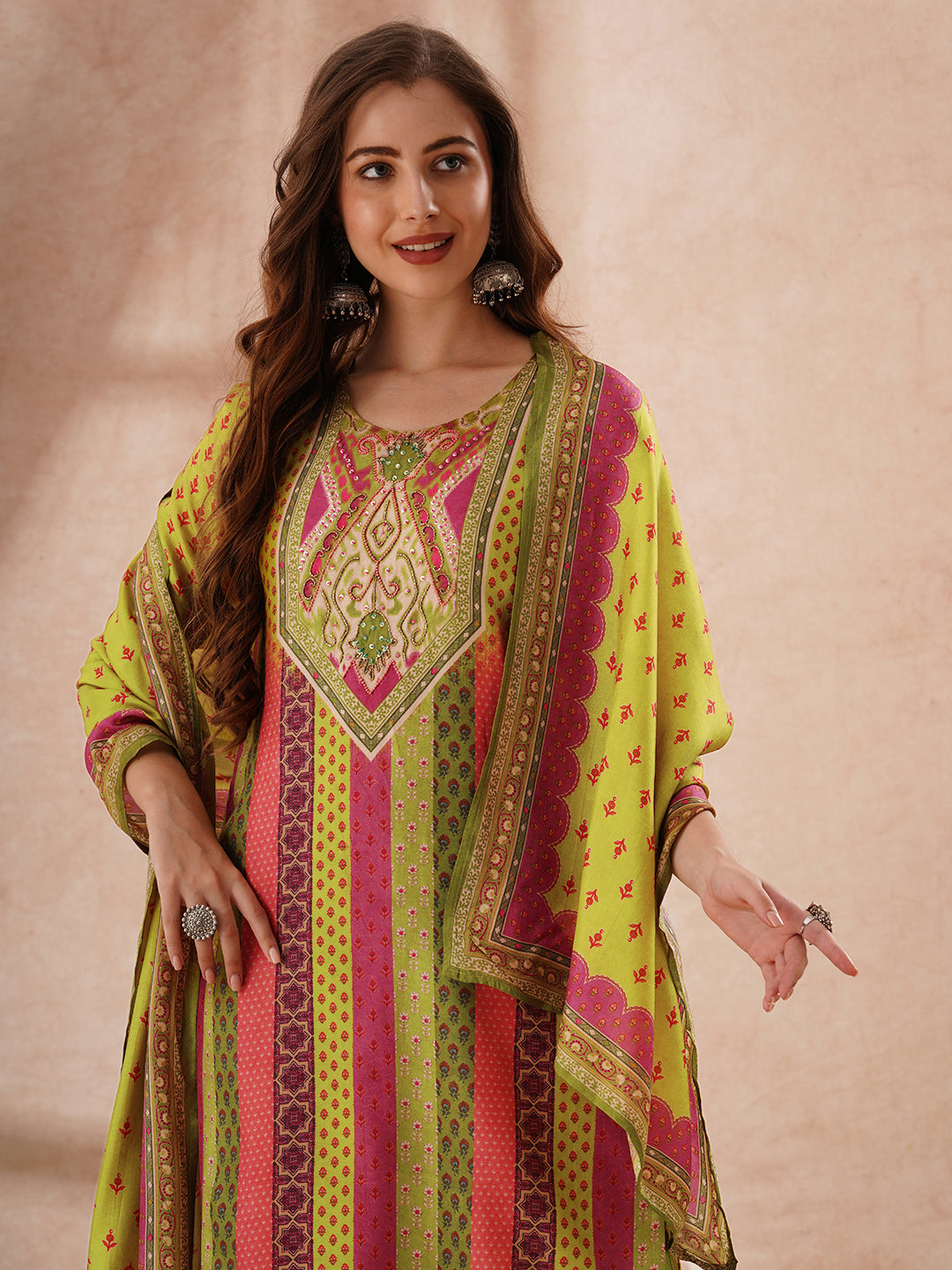 Ethnic Floral Printed Embroidered Straight Fit Kurta with Pant and Dupatta - Multi