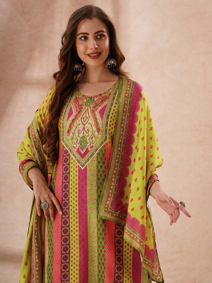 Ethnic Floral Printed Embroidered Straight Fit Kurta with Pant and Dupatta - Multi