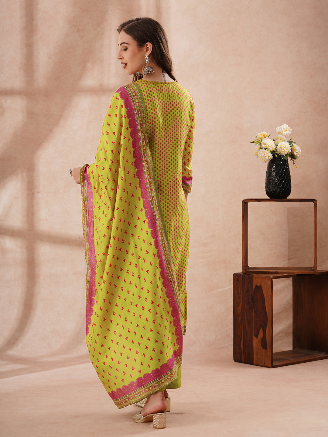 Ethnic Floral Printed Embroidered Straight Fit Kurta with Pant and Dupatta - Multi