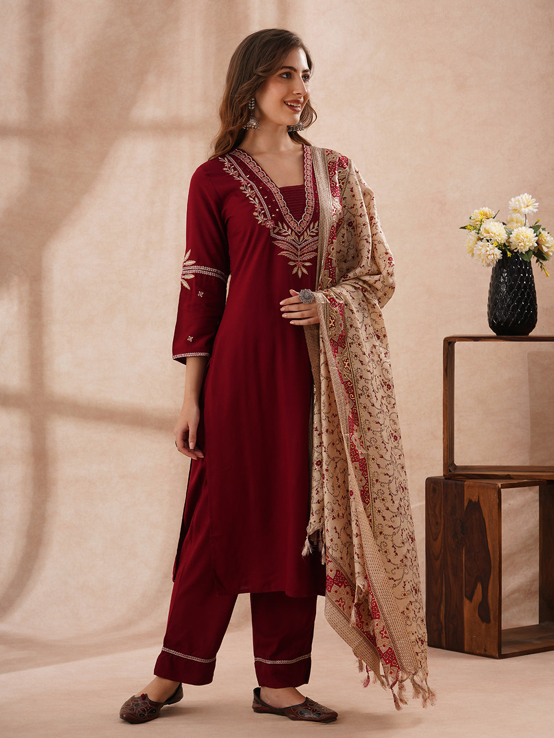 Solid Floral Embroidered Straight Fit Kurta with Palazzo and Dupatta - Maroon