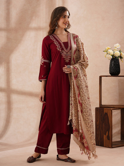 Solid Floral Embroidered Straight Fit Kurta with Palazzo and Dupatta - Maroon