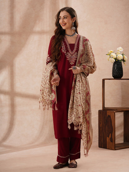 Solid Floral Embroidered Straight Fit Kurta with Palazzo and Dupatta - Maroon