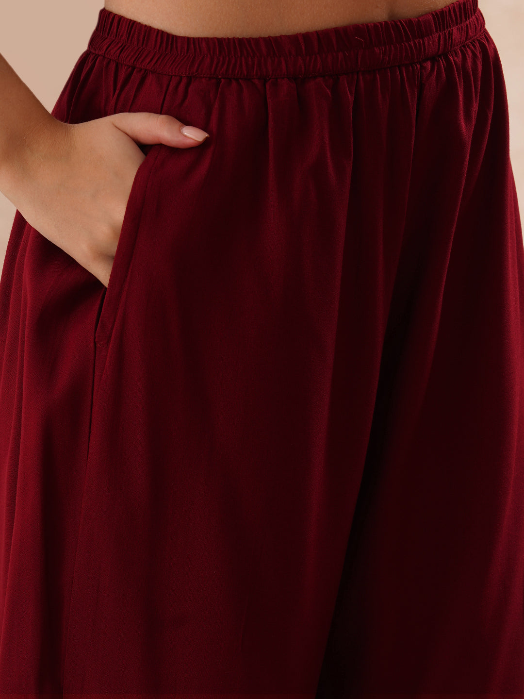 Solid Floral Embroidered Straight Fit Kurta with Palazzo and Dupatta - Maroon