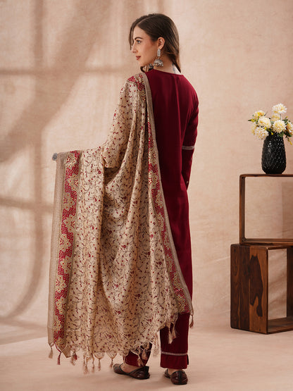 Solid Floral Embroidered Straight Fit Kurta with Palazzo and Dupatta - Maroon