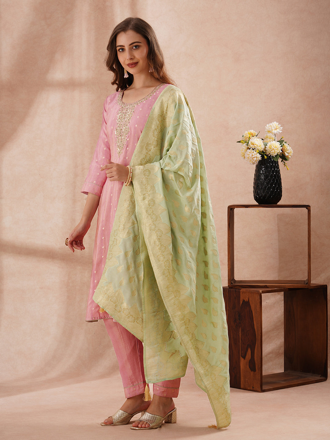 Solid Sequin Embroidered Tissue Kurta with Pant & Jacquard Dupatta - Pink