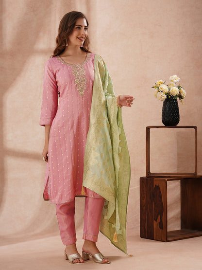 Solid Sequin Embroidered Tissue Kurta with Pant & Jacquard Dupatta - Pink