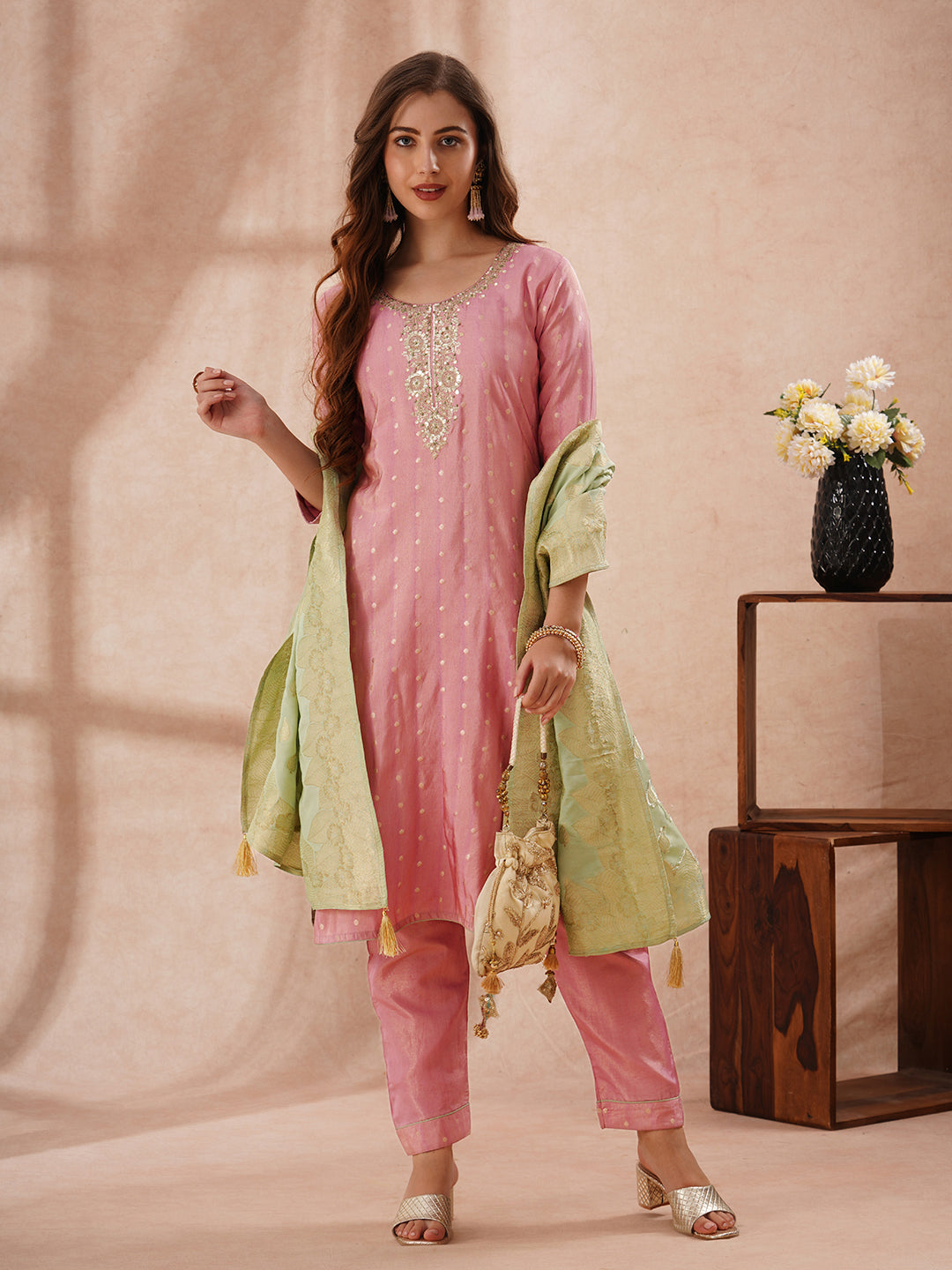 Solid Sequin Embroidered Tissue Kurta with Pant & Jacquard Dupatta - Pink