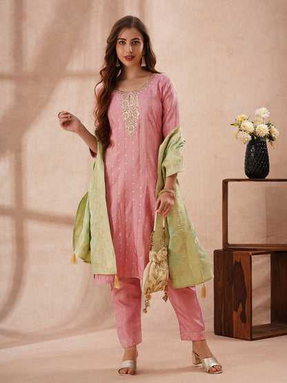 Solid Sequin Embroidered Tissue Kurta with Pant & Jacquard Dupatta - Pink