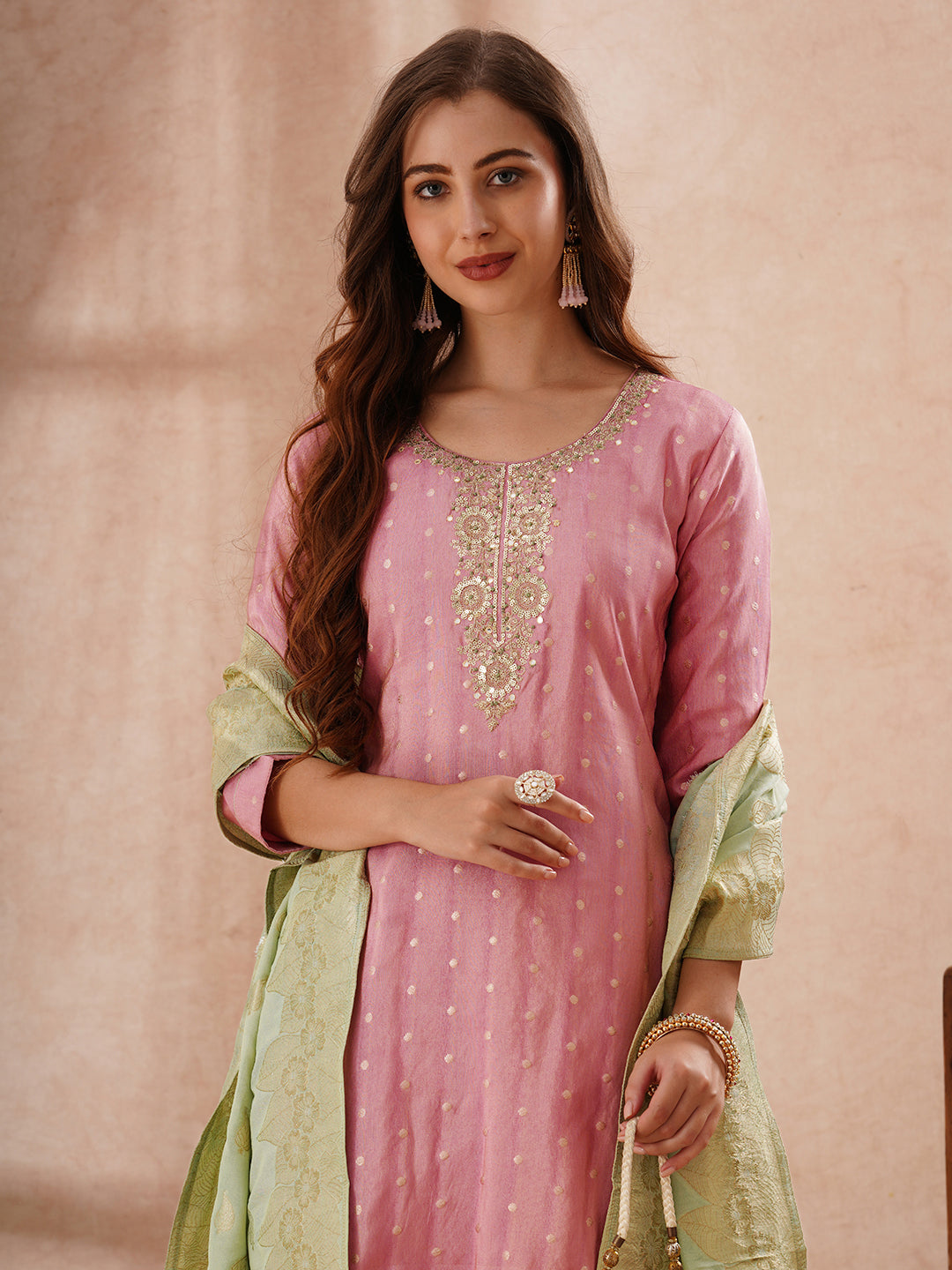 Solid Sequin Embroidered Tissue Kurta with Pant & Jacquard Dupatta - Pink