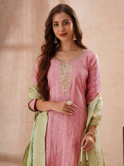 Solid Sequin Embroidered Tissue Kurta with Pant & Jacquard Dupatta - Pink