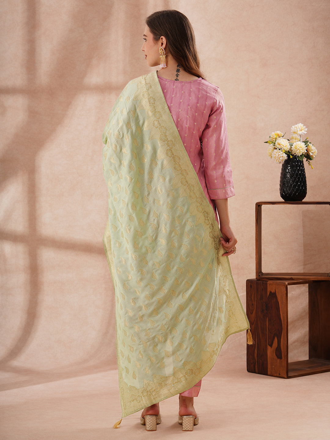 Solid Sequin Embroidered Tissue Kurta with Pant & Jacquard Dupatta - Pink