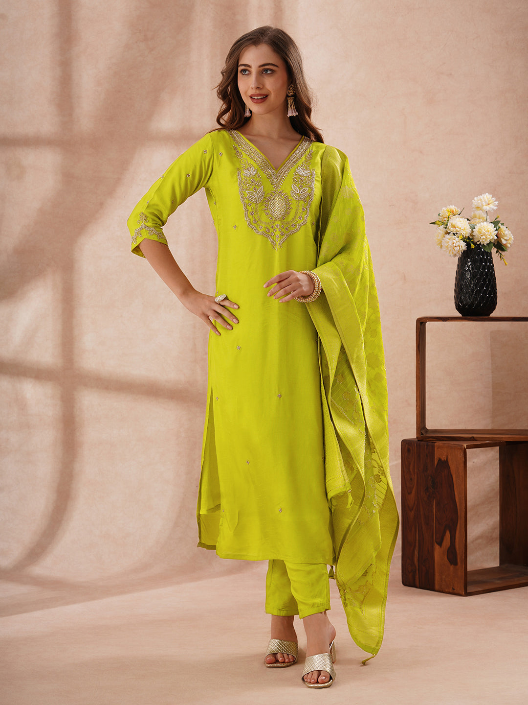Solid Hand Embroidered Kurta with Pant & Woven Zari Jacquard Dupatta - Lime Green
