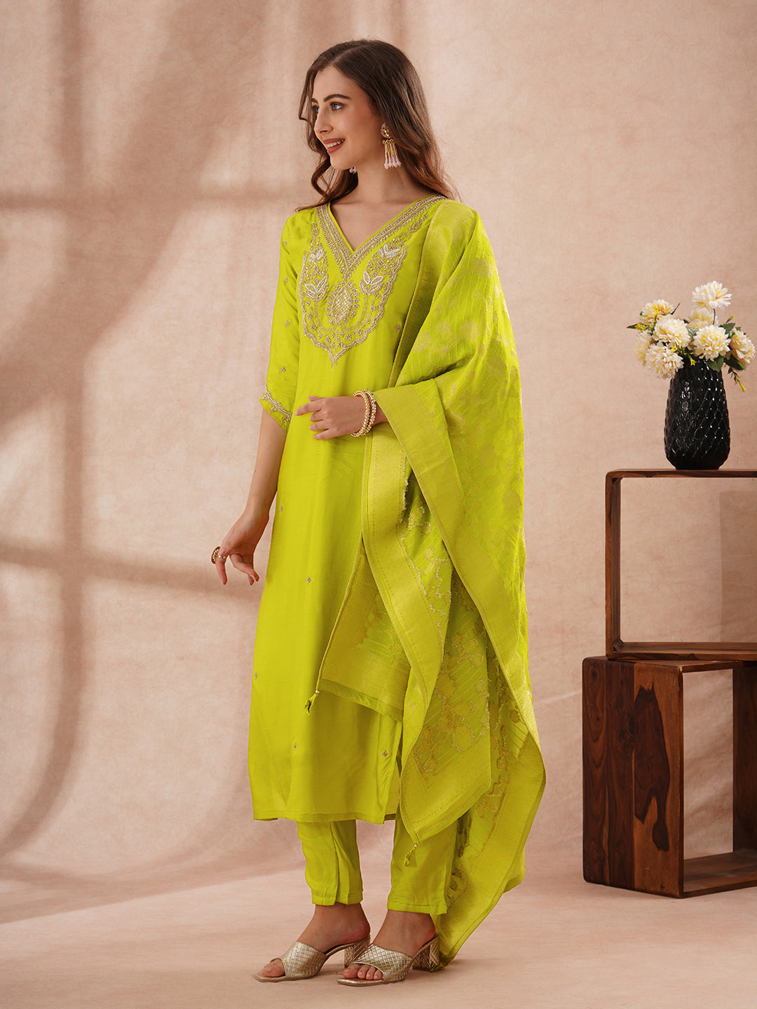 Solid Hand Embroidered Kurta with Pant & Woven Zari Jacquard Dupatta - Lime Green
