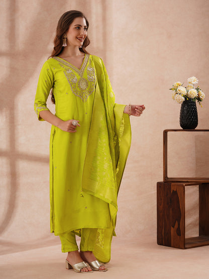 Solid Hand Embroidered Kurta with Pant & Woven Zari Jacquard Dupatta - Lime Green