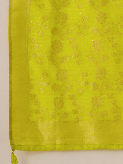 Solid Hand Embroidered Kurta with Pant & Woven Zari Jacquard Dupatta - Lime Green