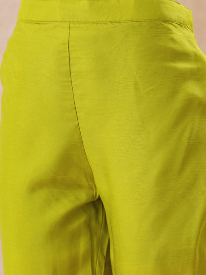 Solid Hand Embroidered Kurta with Pant & Woven Zari Jacquard Dupatta - Lime Green