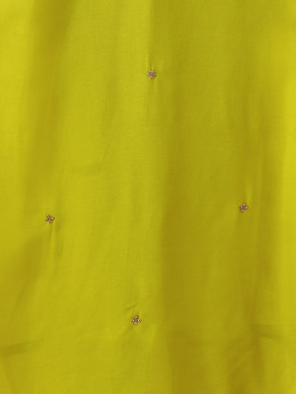 Solid Hand Embroidered Kurta with Pant & Woven Zari Jacquard Dupatta - Lime Green