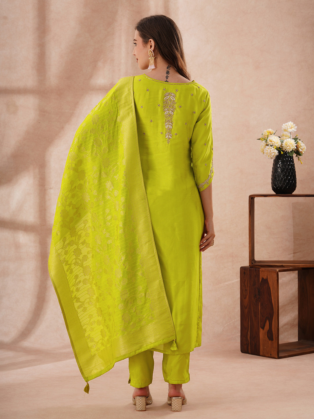 Solid Hand Embroidered Kurta with Pant & Woven Zari Jacquard Dupatta - Lime Green