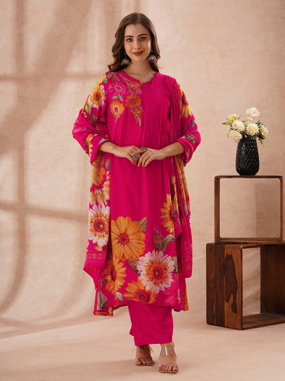 Sunflower Printed Embroidered A-Line Pleated Kurta with Palazzo and Dupatta - Rani
