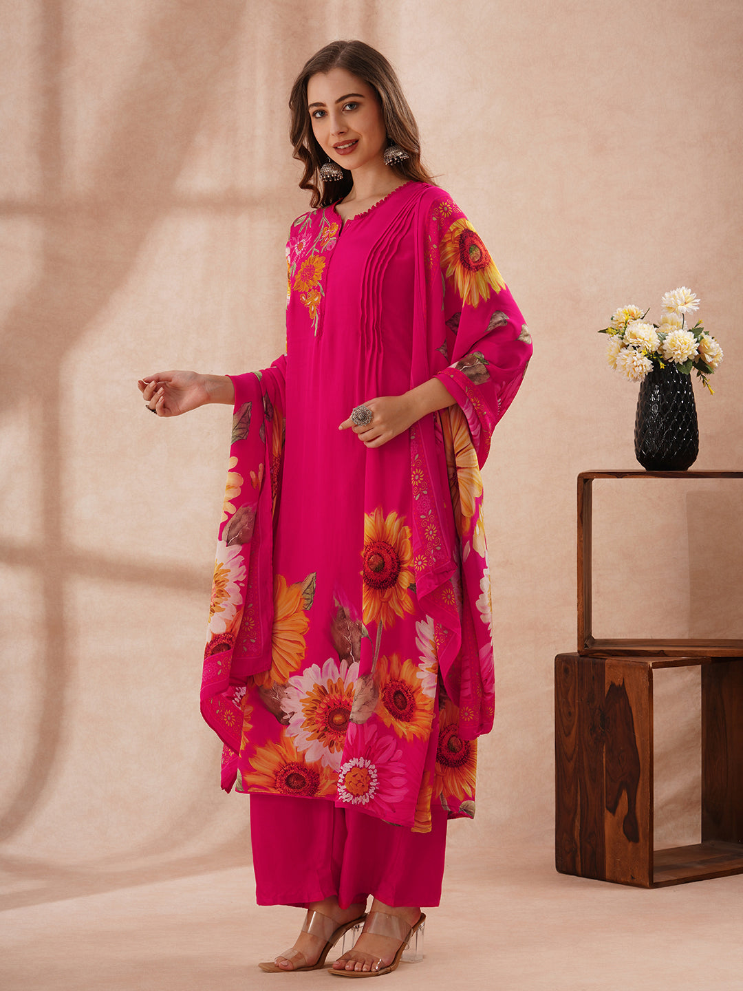 Sunflower Printed Embroidered A-Line Pleated Kurta with Palazzo and Dupatta - Rani