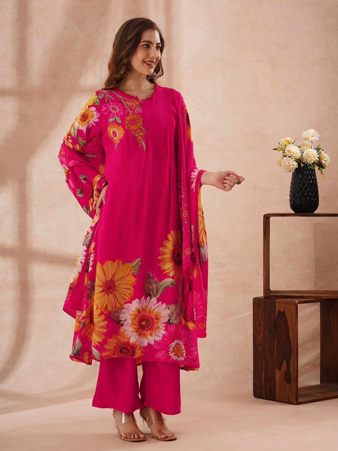 Sunflower Printed Embroidered A-Line Pleated Kurta with Palazzo and Dupatta - Rani