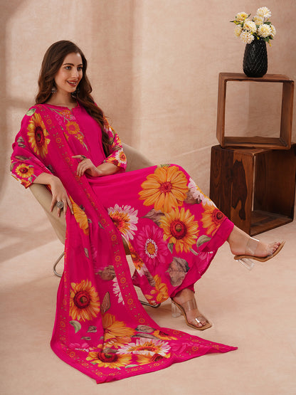 Sunflower Printed Embroidered A-Line Pleated Kurta with Palazzo and Dupatta - Rani