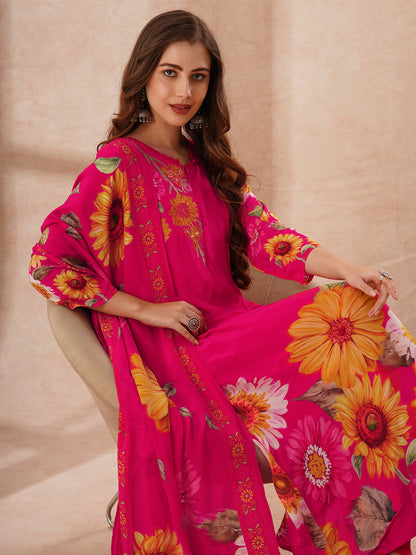 Sunflower Printed Embroidered A-Line Pleated Kurta with Palazzo and Dupatta - Rani