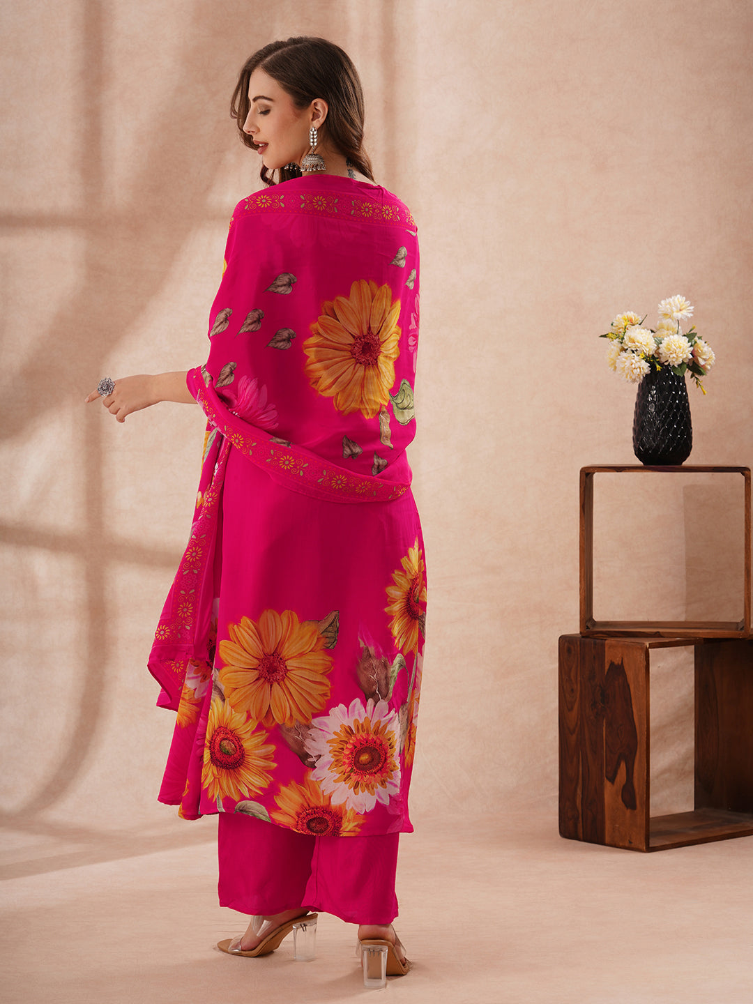 Sunflower Printed Embroidered A-Line Pleated Kurta with Palazzo and Dupatta - Rani