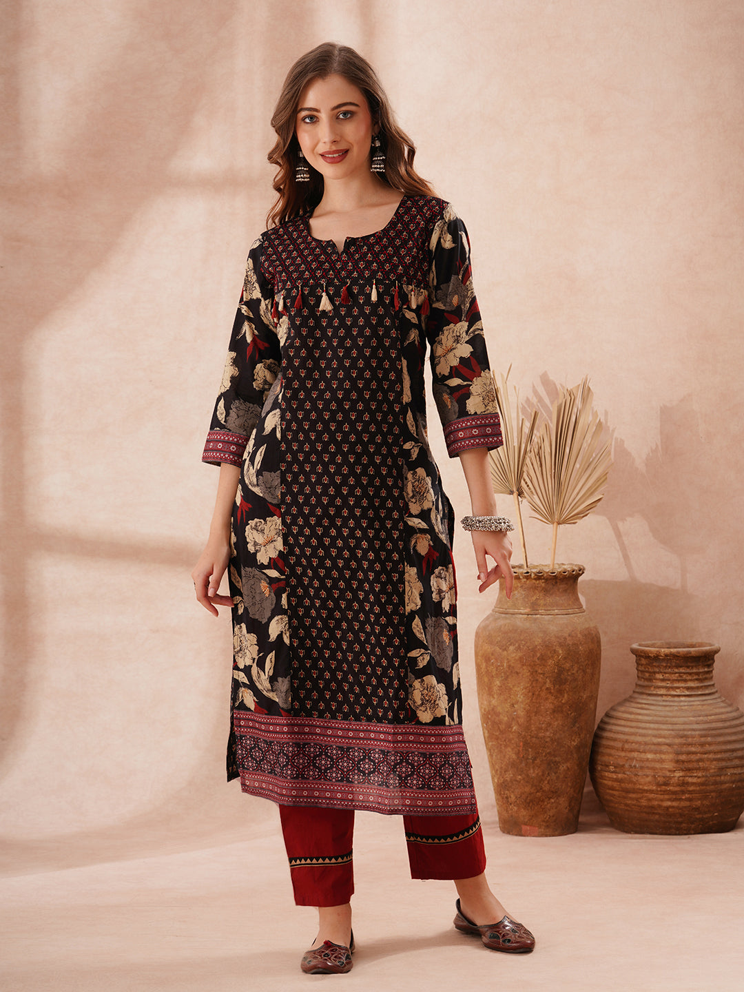 Ethnic Floral Printed Embroidered Straight Fit Kurta - Black