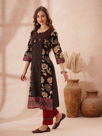 Ethnic Floral Printed Embroidered Straight Fit Kurta - Black
