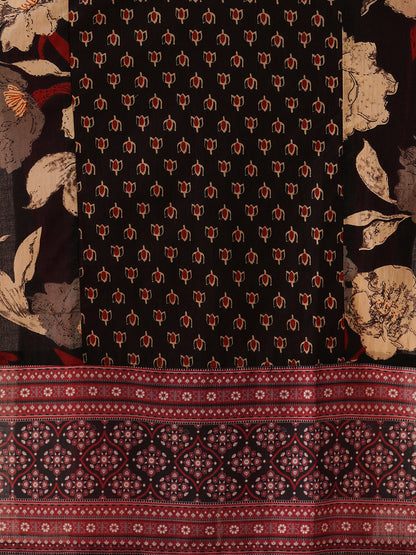 Ethnic Floral Printed Embroidered Straight Fit Kurta - Black