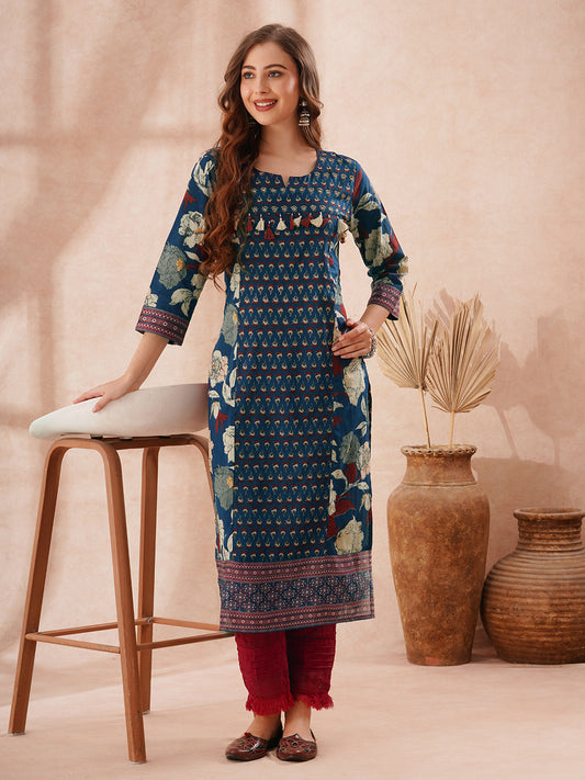 Ethnic Floral Printed Embroidered Straight Fit Kurta - Blue