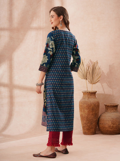 Ethnic Floral Printed Embroidered Straight Fit Kurta - Blue
