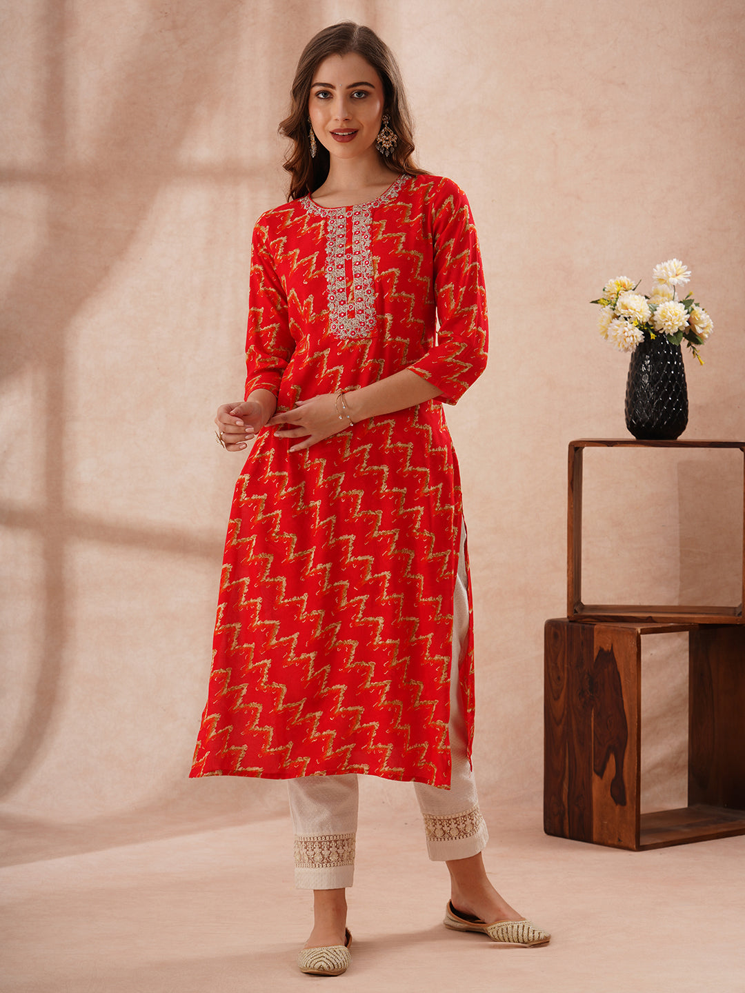 Abstract Foil Printed & Zari Embroidered Straight Fit Kurta - Red