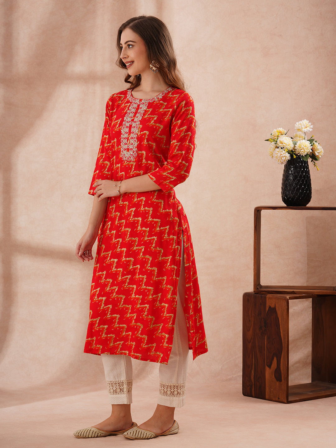 Abstract Foil Printed & Zari Embroidered Straight Fit Kurta - Red