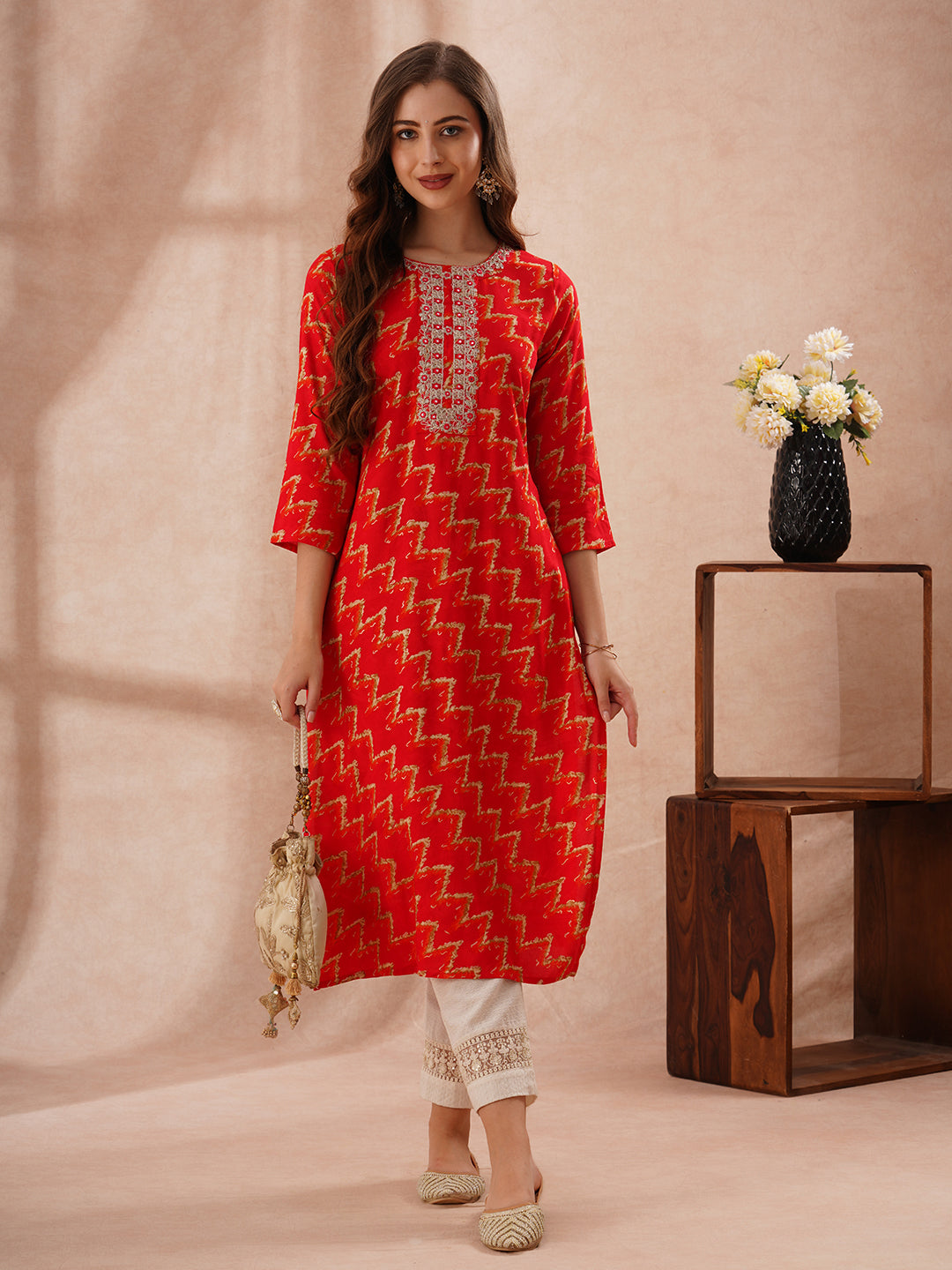 Abstract Foil Printed & Zari Embroidered Straight Fit Kurta - Red