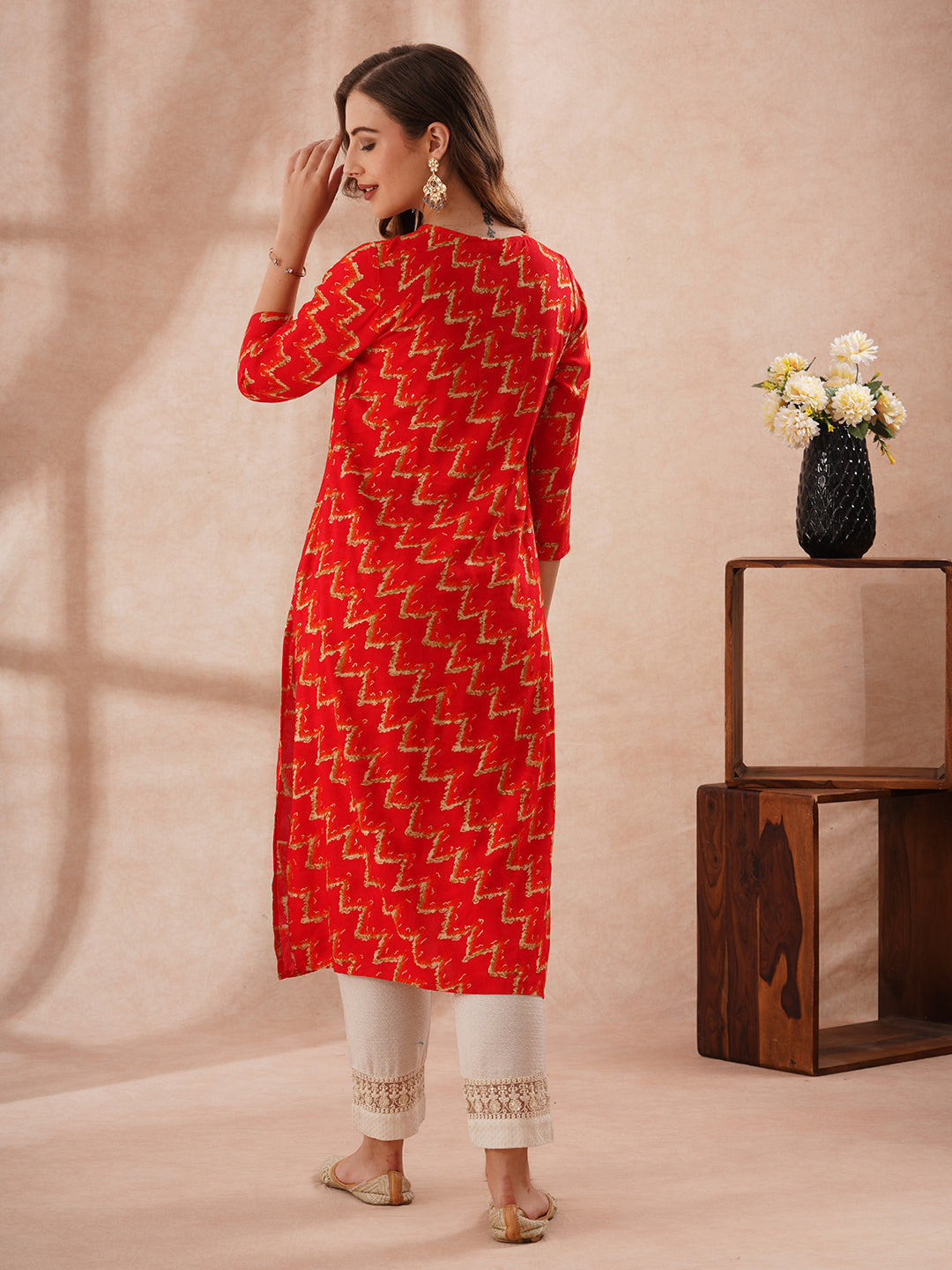 Abstract Foil Printed & Zari Embroidered Straight Fit Kurta - Red