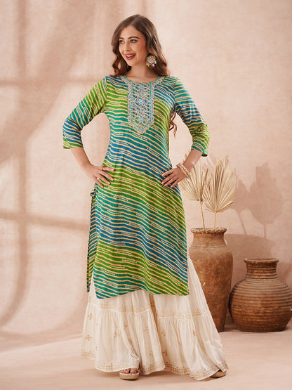 Leheriya Foil Printed & Zari Embroidered Straight Fit Kurta - Multi