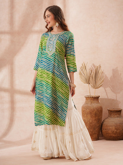 Leheriya Foil Printed & Zari Embroidered Straight Fit Kurta - Multi