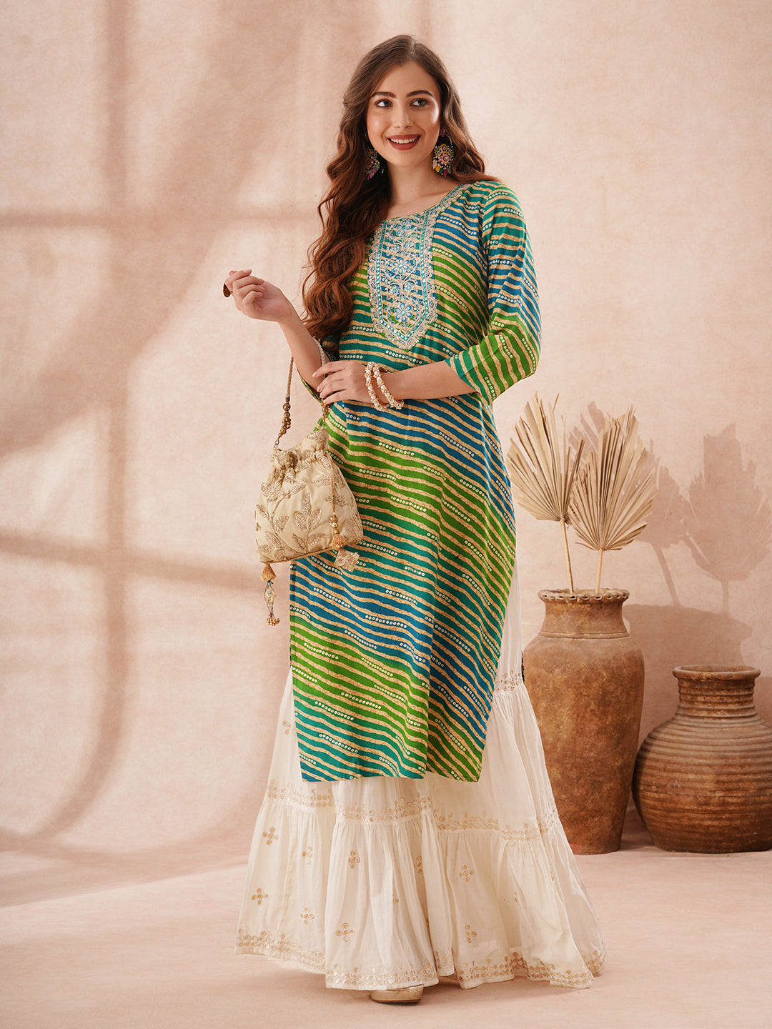 Leheriya Foil Printed & Zari Embroidered Straight Fit Kurta - Multi