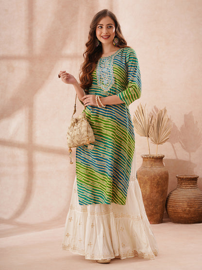 Leheriya Foil Printed & Zari Embroidered Straight Fit Kurta - Multi