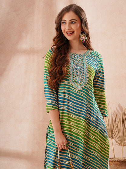 Leheriya Foil Printed & Zari Embroidered Straight Fit Kurta - Multi