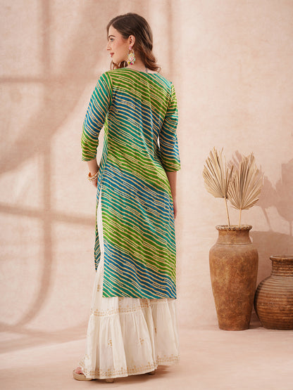 Leheriya Foil Printed & Zari Embroidered Straight Fit Kurta - Multi