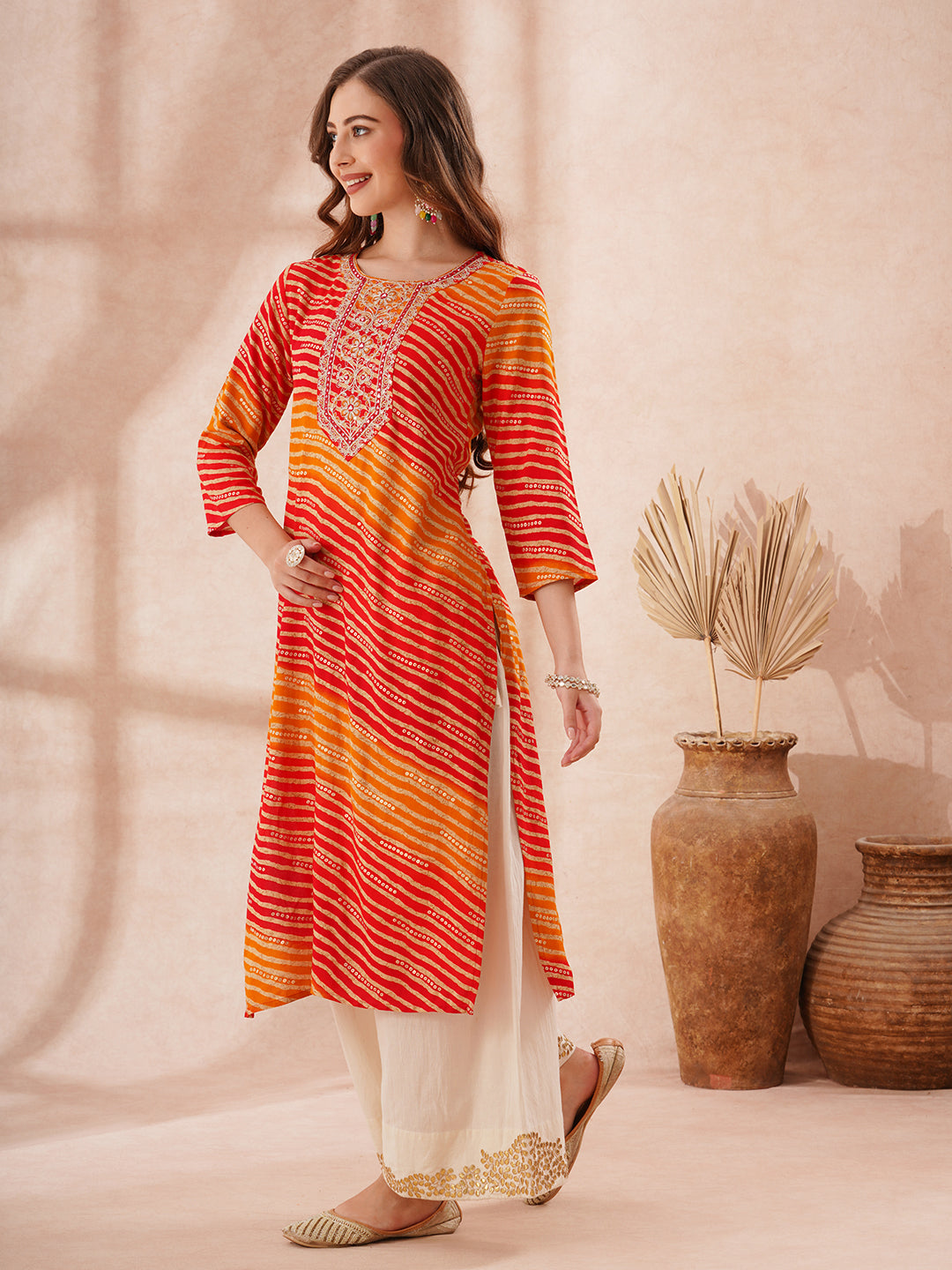 Leheriya Foil Printed & Zari Embroidered Straight Fit Kurta - Multi