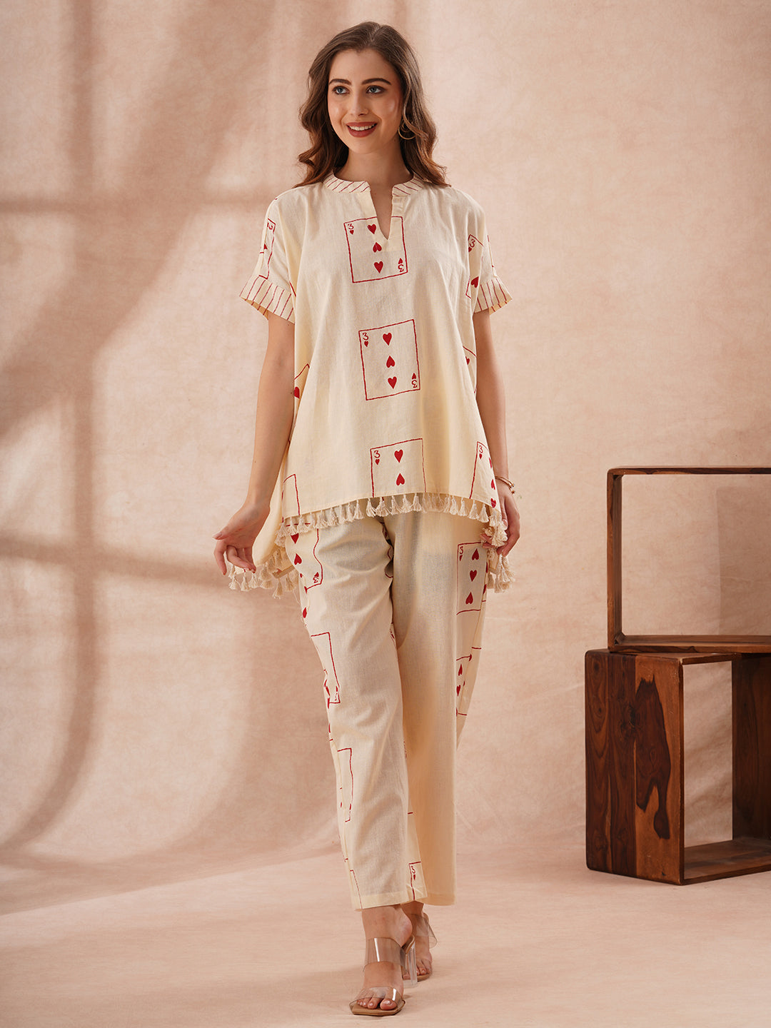 Abstract Printed Kaftan Cotton Flax Co-ord Set - Cream
